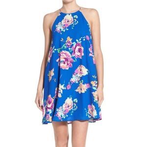 Everly Blue Floral Print Halter Neck Dress